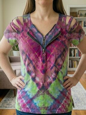 Chicyea Tie-Dye Cold Strappy Cutout Slit Shoulder Blouse Boho Hippie XL Zip